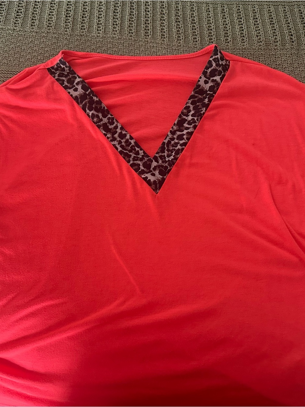 SHEIN Red V-Neck Top with Leopard Trim